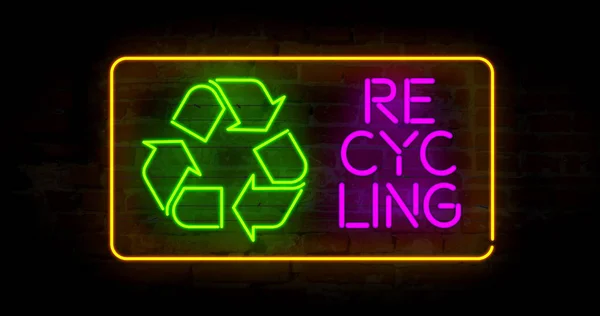 Återvinningssymbol Neon Ljus Stylizing Illustration Abstrakt Begrepp Med Ekologi Symbol — Stockfoto