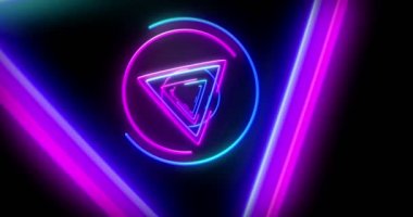 Arka plan ile neon kesintisiz ve ilmekledi animasyon. Fütüristik ışık tüneli. pembe ve mavi daire ve üçgen lambalar ile 3D uçuş.