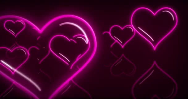 Αγάπη Φώτα Νέον Μύγα Μεταξύ Λαμπερό Ροζ Καρδιές Στην Απρόσκοπτη — Αρχείο Βίντεο