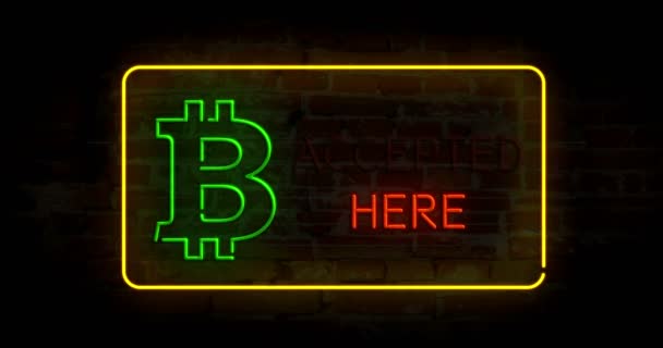 Bitcoin Accepted Here Neon Lights Brick Wall Abstract Background Seamless — Stock Video