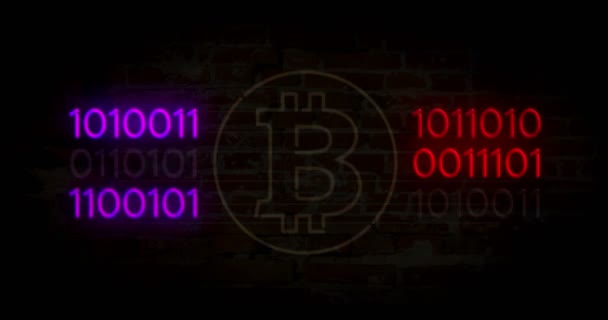 Bitcoin Incelemesi Kavramı Neon Işıkları Cryptocurrency Sembol Tuğla Duvar Arka — Stok video