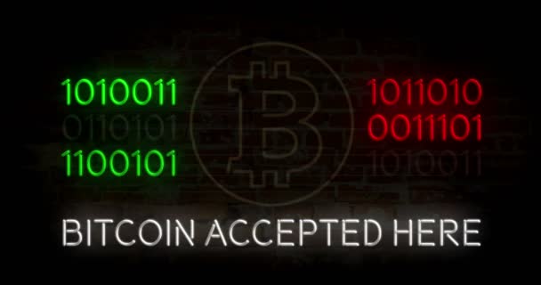 Bitcoin Zaakceptowane Tutaj Neon Znak Błyszczącymi Numery Cegły Ściany Streszczenie — Wideo stockowe