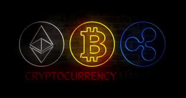 Cryptocurrency Markt Bitcoin Ethereum Rimpel Neon Gestileerde Symbolen Bakstenen Muur — Stockvideo