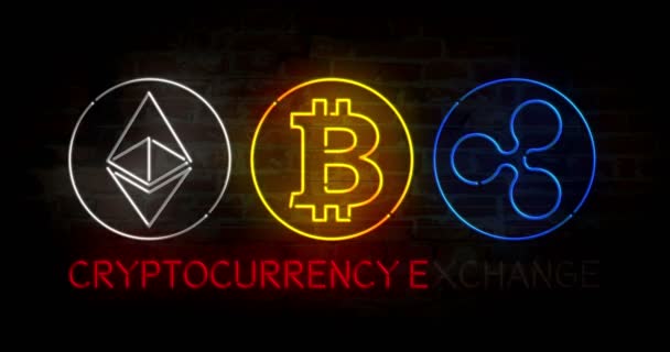 Cryptocurrency Pertukaran Bitcoin Ethereum Dan Riak Neon Bergaya Simbol Dinding — Stok Video