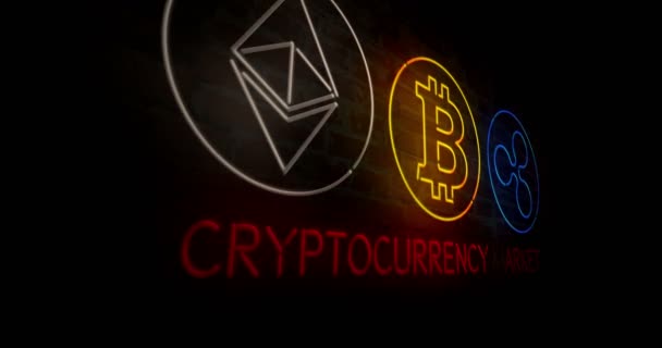 Kryptowährungsmarkt Bitcoin Ethereum Und Ripple Neon Stilisierte Symbole Auf Ziegelwand — Stockvideo