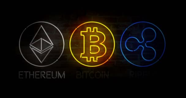 Kryptowährungssymbole Werden Neonfarbig Stilisiert Bitcoin Ethereum Und Ripple Symbol Looping — Stockvideo