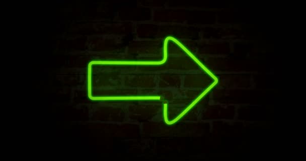 Green arrow neon symbols on brick wall background. Glowing direction sign in seamless and loopable animation.
