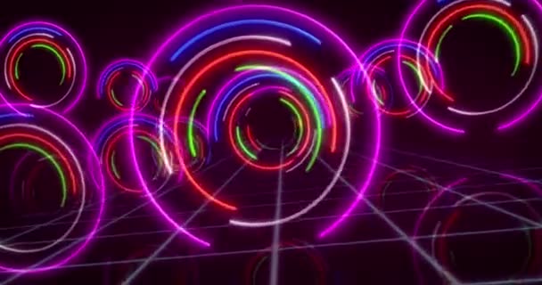 Abstracte Achtergrond Met Cirkel Neon Lichten Naadloze Loopbare Animatie Vlucht — Stockvideo