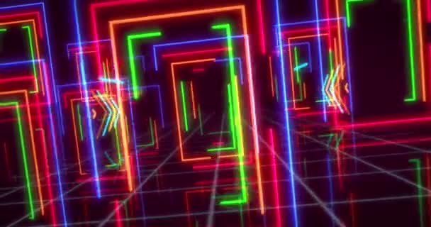 Flug Durch Futuristisch Glühende Welt Abstrakter Hintergrund Mit Neon Freames — Stockvideo