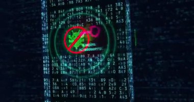 Siber güvenlik 3d sorunsuz Soyut animasyon. Metafor siber ve bankacılık veri ve güvenlik duvarı, bilgisayar virüsten koruma gizliliğinizin korunması. Dinamik numaraları etrafında sinek ikili arka plan üzerinde döngü.