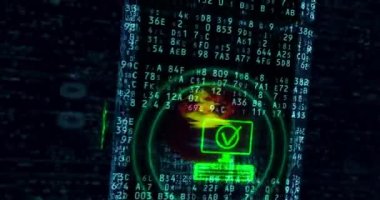 Cybersecurity loopable kavramı. Cihazlar, veri, gizlilik ve dijital environment.3d dijital blok etrafında uçan güvenliğini sağlamak için koruma teknolojisi.