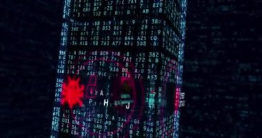 Siber saldırı loopable kavramı. Göstersede koruma teknolojisi ve veri, gizlilik ve aygıtına erişim. Dijital blok etrafında 3B sonsuz uçan.