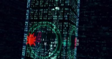 Siber saldırı ve veri hırsızlığı sonsuz kavramı arka plan. Göstersede koruması ve veri, gizlilik ve aygıtına erişim. 3B Uçan bilgisayar sembolleri ilmekledi animasyon ile dijital blok etrafında.