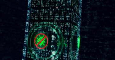 Veri güvenliği ve siber koruma loopable kavramı arka plan. Dijital iletim ve ağ iletişim güvenliği. Bilgisayar simgeleri ile dijital blok etrafında 3B sonsuz uçan.