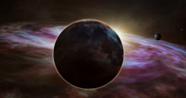 Exoplanet gündoğumu ve cosmos keşif. Yıldız, gezegen ve bulutsu arasında gerçekçi 3d uçuş gaz bulutları uzak bir galakside. Uzay Seyahat ışık yılı Dünya kavramı animasyon.