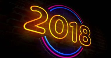 tuğla duvar arka plan 2019 yıl neon ışığı. Çok sayıda 3d Soyut animasyon parlayan.