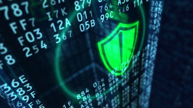 Siber güvenlik 3d çizim. Arka plan dijital bloklu kalkan simgesi. Veri koruma, güvenlik duvarı ve bilgisayar güvenliği kavramı.