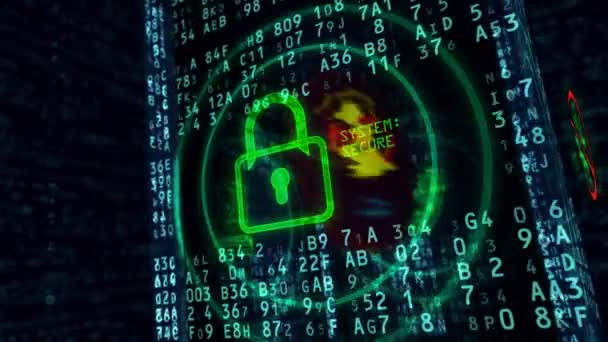 Cyber Security Concept Animatie Sluiten Veiligheid Groene Hangslot Symbool Binaire — Stockvideo