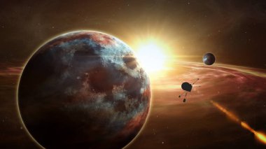 Sonda yörüngesindeki uzay ve uzak güneş sistemi ve exoplanets keşfedin. Dan earth 3d resimde gerçekçi derin cosmos uydu seyahat ışık yılı.