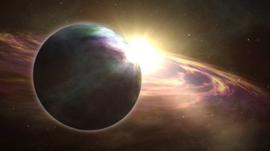 Exoplanet gündoğumu ve cosmos keşif. Yıldız, gezegen ve bulutsu gerçekçi 3d uzak bir galaksi bulutlarda gaz. Dünya kavramı 3d çizim dan alan seyahat ışık yılı..
