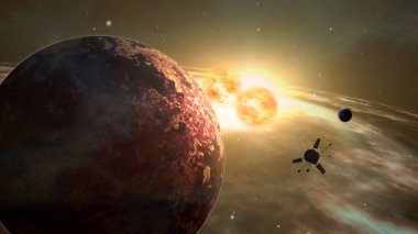 Sonda yörüngesindeki uzay ve uzak çift yıldız güneş sistemi ve exoplanets keşfedin. Dan earth 3d resimde gerçekçi derin cosmos uydu seyahat ışık yılı.