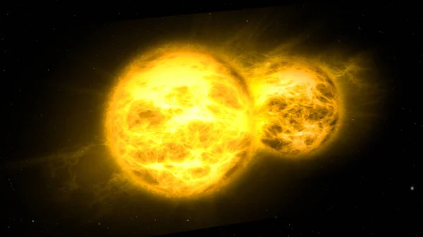 Çift güneş ile egzotik güneş sistemi. Uzay keşif ışık yılı Dünya'dan. Uzak evren kavramı 3d illüstrasyon seyahat.