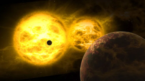 Sunrise Exoplanet Double Star Solar System Space Planet Exploration Light — Stock Photo, Image