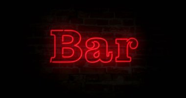 Neon işareti ışık tuğla duvar arka plan üzerinde Bar. Büyük test kavramı animasyon döngü parlayan. Vintage tarzı.