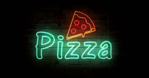 Pizza Neon Meld Licht Bakstenen Muur Achtergrond Gloeiende Grote Verlichte — Stockvideo