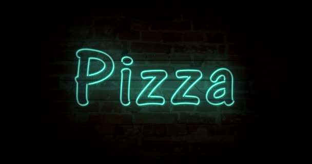 Pizza Neon Sign Light Brick Wall Background Glowing Large Illuminated — Stock Video