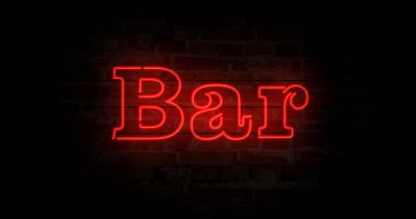 Neon işareti ışık tuğla duvar arka plan üzerinde Bar. Parlayan büyük metin soyut kavram 3d çizim. Retro 1980'lerin tarzı.