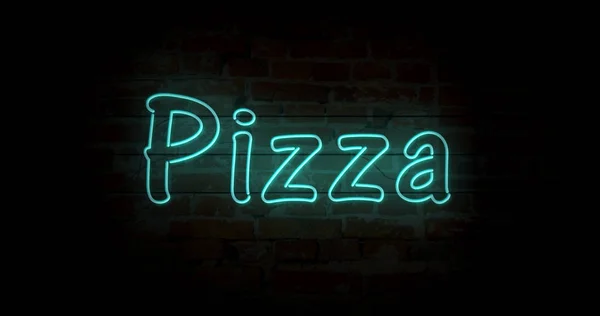 Pizza neon sign light on brick wall background. Glowing large text abstract concept 3D illustration. Retro 1980s style.