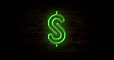 Doları sembolü neon ışık tuğla duvar arka plan üzerinde oturum açın. İlmekledi kavramı animasyon parlayan büyük Işıklı reklam. Retro tarzı.