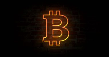 Bitcoin neon ışık tuğla duvar arka plan üzerinde oturum açın. İlmekledi kavramı animasyon parlayan büyük Işıklı reklam. Retro tarzı.