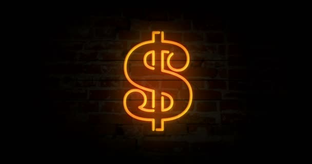 美元符号霓虹灯在砖墙背景 环状概念动画中的发光大照明广告 复古风格 — 图库视频影像