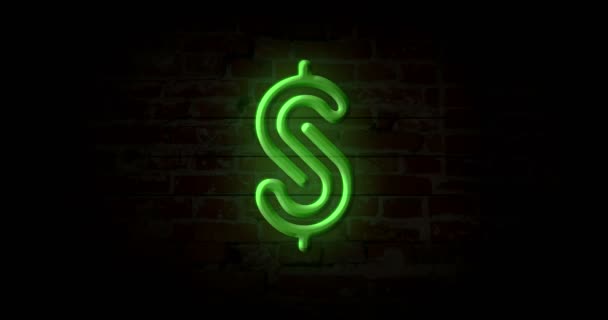 Dollaro Simbolo Neon Segno Luce Sfondo Muro Mattoni Brillante Grande — Video Stock