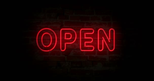 Open 24H Neon Sign Light Brick Wall Background Glowing Large — Stock Video