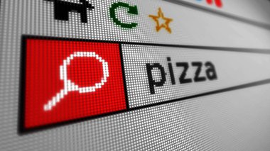 Pizza internet arama. Bilgisayar, akıllı telefon veya tablet www tarayıcıda anahtar kelime yazarak. Piksel 3d çizim ile ekran görünümünü kapat.