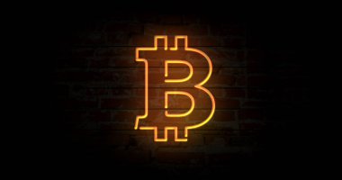 Bitcoin sembolü neon ışık tuğla duvar arka plan üzerinde oturum açın. Büyük parlak ışıklı reklam kavramı 3d çizim. Retro tarzı.