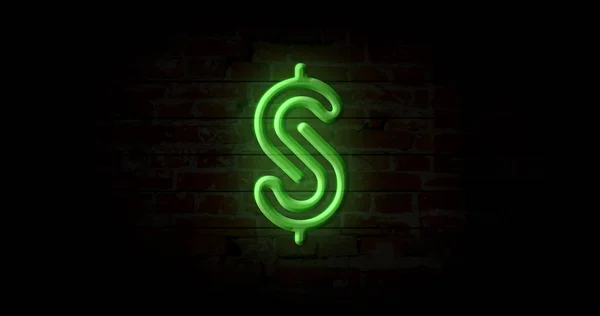 Neon Symbol Dolaru Světlo Cihlovou Zeď Pozadí Zářící Velké Osvětlené — Stock fotografie
