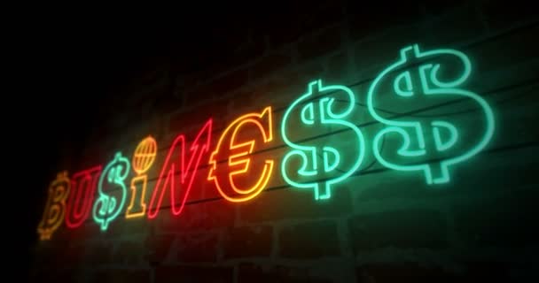 Business Concept Neon Light Brick Wall Background Glowing Illuminated Characters — Stock Video