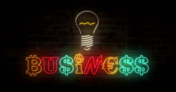 Business Concept Neon Light Brick Wall Background Glowing Illuminated Characters — Stock Video