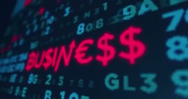 Soyut yeni teknoloji iş kavramı. Parlak başlık aksaklık ve noise etkisi ile bir bilgisayar ekranında işaretleri dolar, bitcoin ve euro ile inşa. Dinamik, ilmekledi ve sorunsuz animasyon.