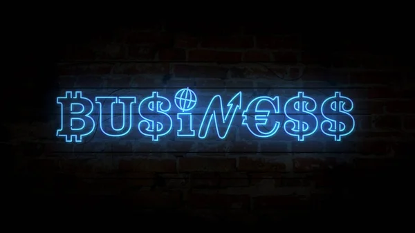 Business Concept Neon Light Brick Wall Background Glowing Illuminated Characters — Stock Photo, Image