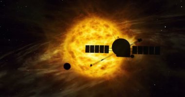 Uzay aracı uzak güneş sistemi aracılığıyla gerçekçi 3d uçuş. Cosmos keşif uzay gemisinde güneş yörünge tarafından. Galaksi seyahat ışık yılı Dünya kavramı animasyon.
