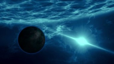 Kayalık exoplanet uzak quasar sisteminde yörüngede. Mavi yıldız yüzey plazma Erüpsiyonu ve enerji patlama ile gezegen. Uzak uzay araştırma kavramı 3d animasyon.