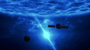 Uzak exoplanet keşif uzay sondası tarafından. Gama ışınları, plazma Erüpsiyonu ve enerji patlama ile büyük mavi quasar yüzey üzerinde uçuş. Astronomi sanat kavramı animasyon.