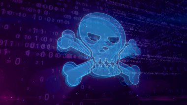 Siber suç soyut kavram. Şekli ve kontur dijital arka plan üstünde kafatası kutsal kişilerin resmi. Bilgisayar saldırı ve dijital korsan simgesini 3B çizim.
