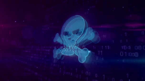 Concept abstrait de cybercriminalité. Forme 3D et contour de l'icône du crâne sur fond numérique. Attaque informatique et animation numérique de symboles pirates .