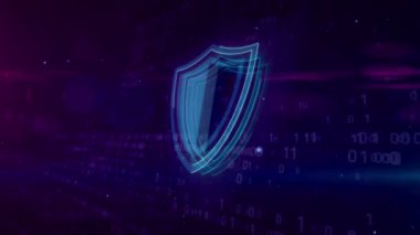 Siber güvenlik soyut kavram. 3D kontur dijital arka plan üzerinde kalkan kutsal kişilerin resmi. Bilgisayar güvenlik sembolü animasyon.